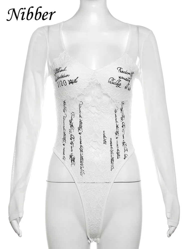 Nibber Lace up Woman Letter Print Bodysuits U Collar Hollow Out Long Sleeves Skinny Mesh Look Slimmer Korean Hottie Outfits