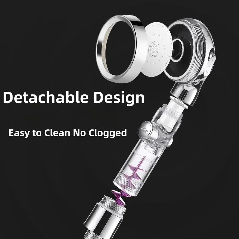 Handheld Turbocharged Pressure Shower Head 3 Modes Propeller Turbo Showerhead for Detachable Rainfall Spray and One-Touch Switch