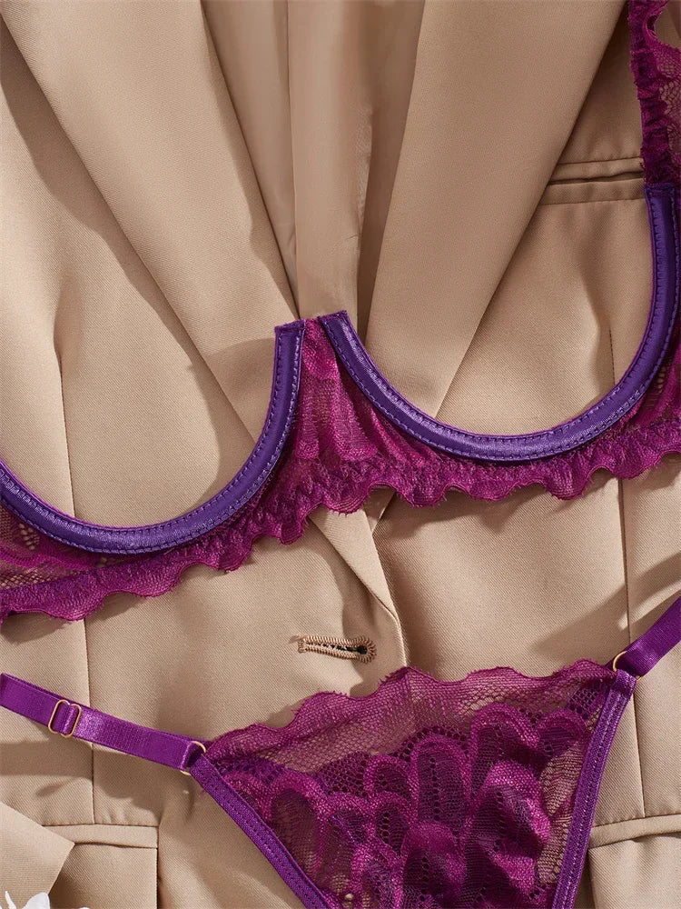 Women Lingerie Ultra Sexy Open Bra Thong Sets Delicate Lace Underwear Hollow Ultrathin Exotic Sets Crotchless Erotic Lingerie