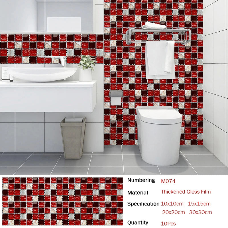 10pcs Flat Mosaic Style Tiles Sticker Kitchen Bathroom Waterproof &amp; Oilproof Art Wall Sticker Peel &amp; Stick Surface Glossy Film