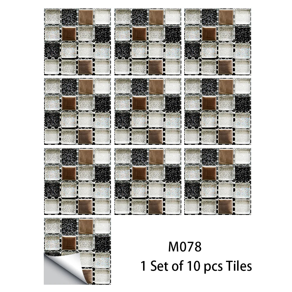 10pcs Flat Mosaic Style Tiles Sticker Kitchen Bathroom Waterproof &amp; Oilproof Art Wall Sticker Peel &amp; Stick Surface Glossy Film