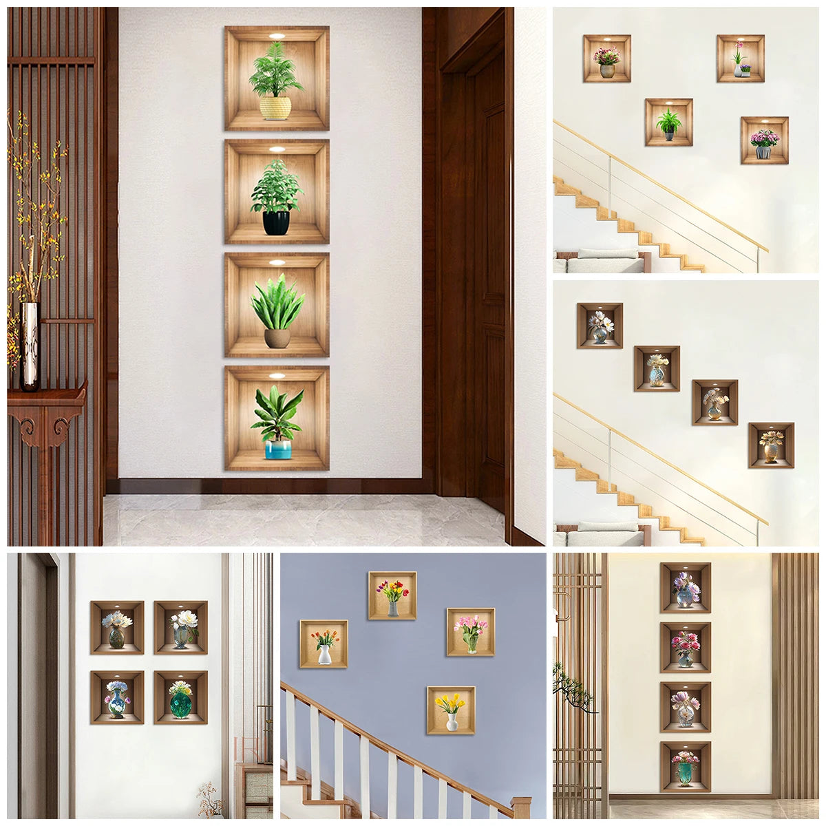 4pcs/set Simulated Plant Potted Plants Cabinet Decoration Wall Stickers Peel &amp; Stick Waterproof PVC Frameless Wall Art Mural