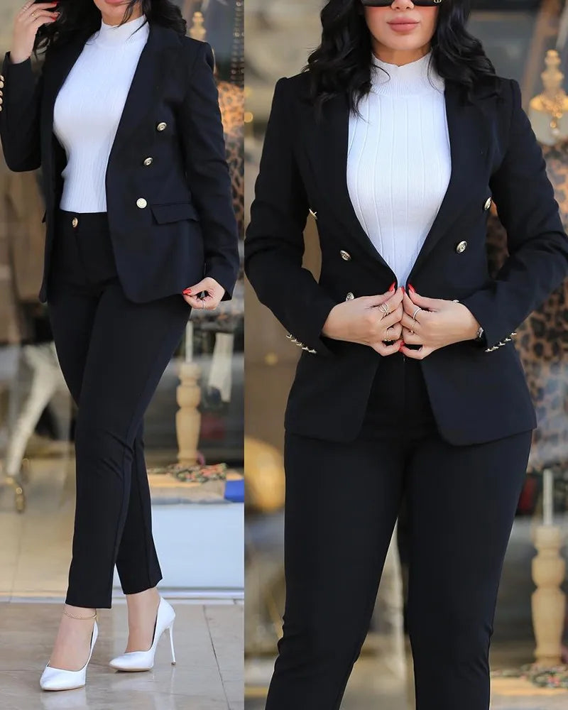 Office Lady Elegant Solid Two Piece Sets New Autumn Winter Women Fashion Lapel Long Sleeve Blazer & High Waist Work Pants Suit - Daisan Mart