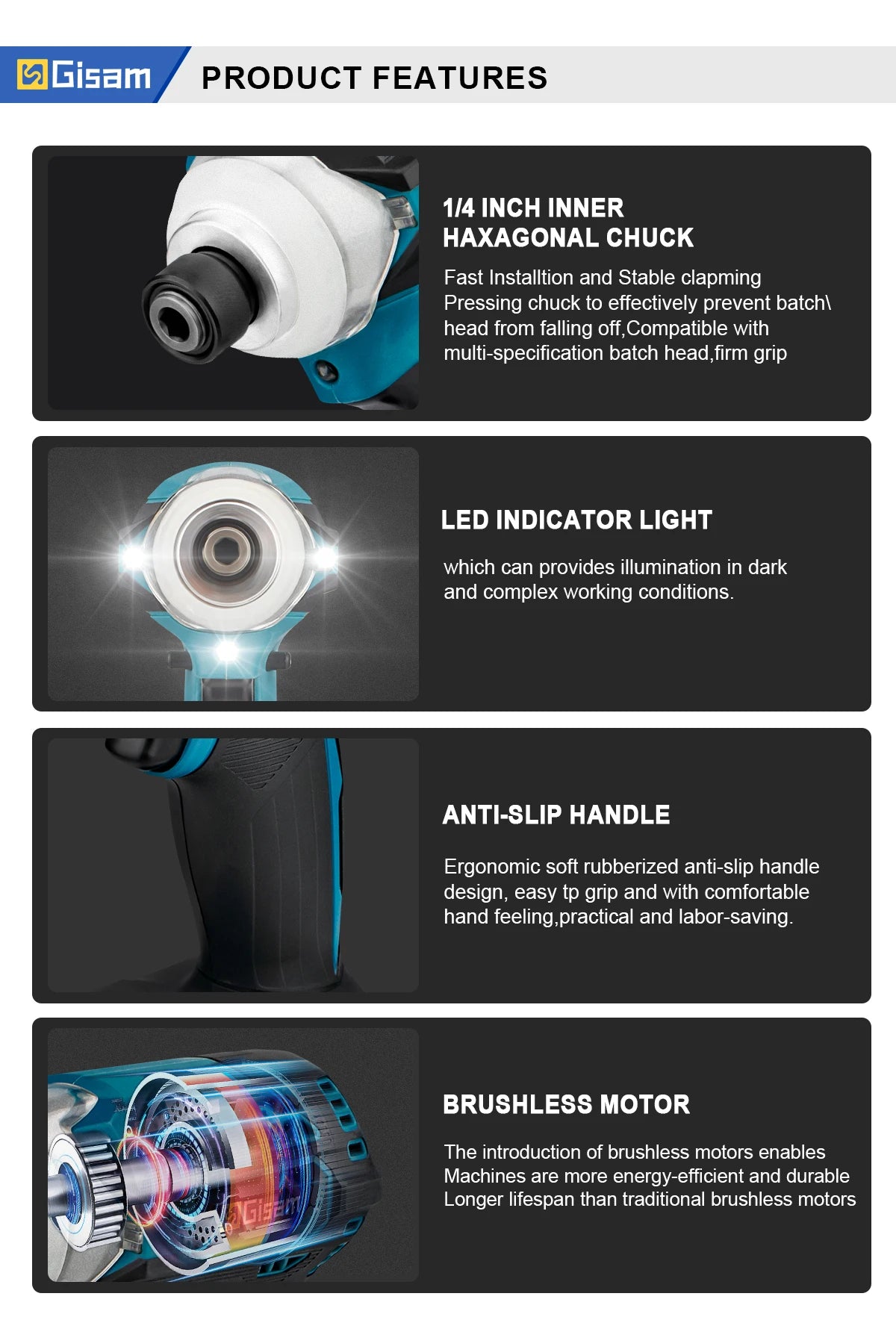 Gisam 588N.m Brushless Electric Screwdriver Cordless Impact Electric Wrench Drill Screw Driver Power Tool for Makita 18V Battery