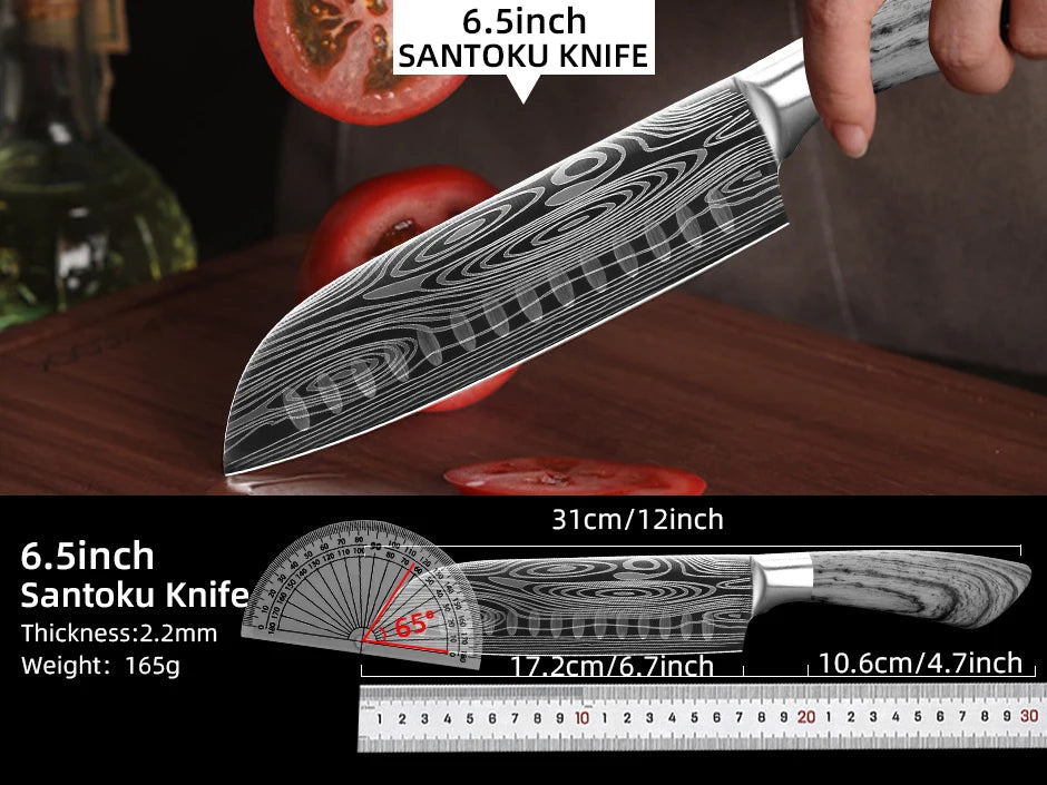 Bộ Dao Bếp Nhật Santoku 7Cr17 440C Vân Damascus