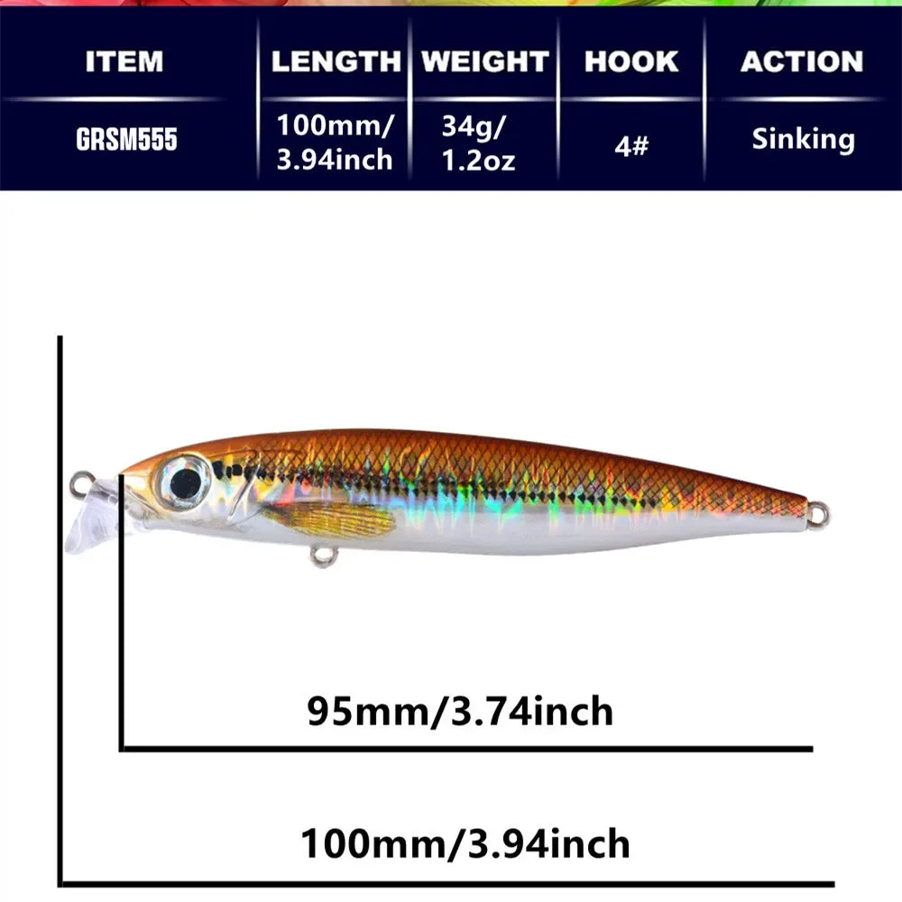 GREENSPIDER Sinking Minnow 100mm 34g Wobbler Pesca Swimbait Long Cast Tackle Pike Fishhook Sea Fishing Lure Jerkbait