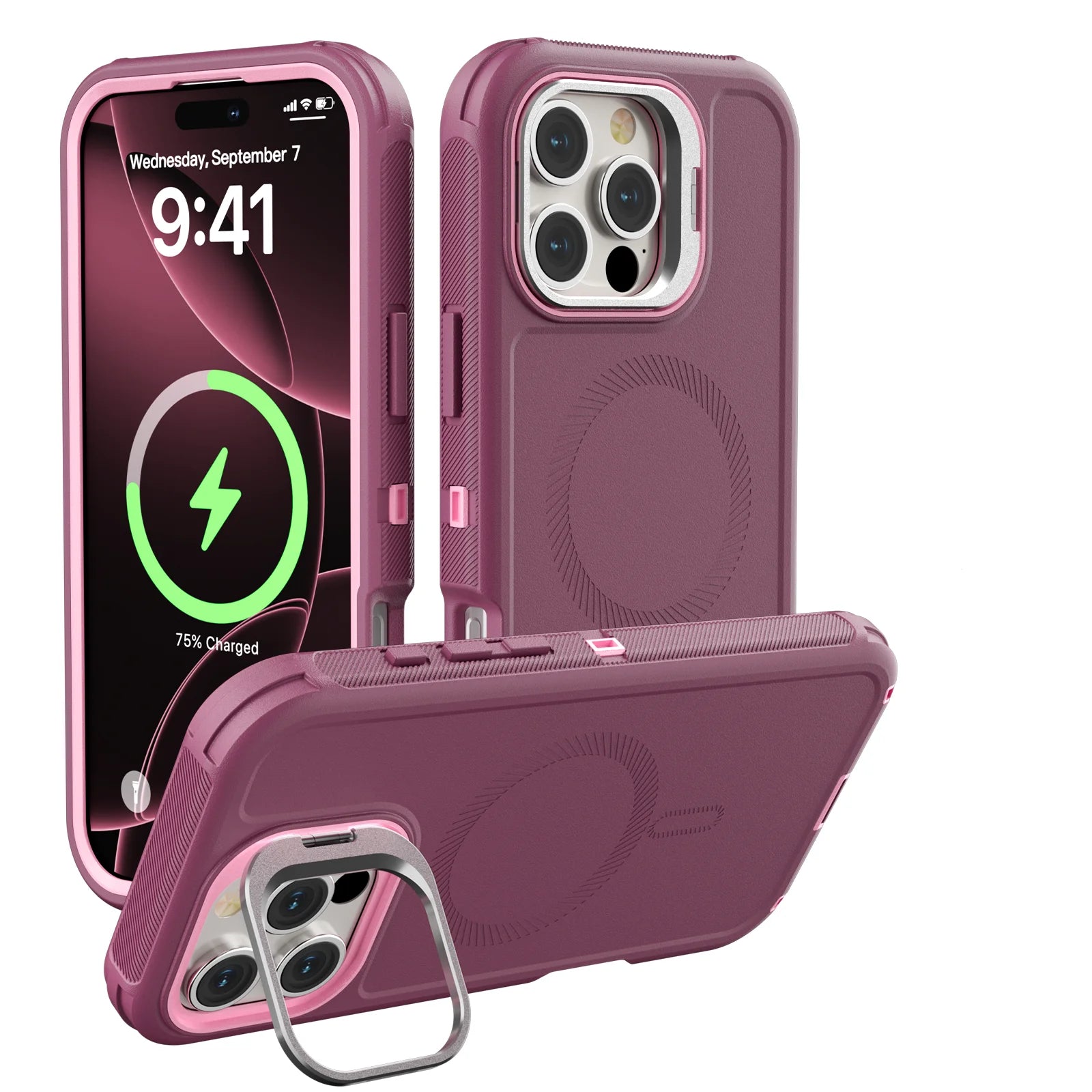 3 in 1 Shockproof Heavy Duty Rugged Phone Case For iPhone 16 15 14 13 Pro Max 16 Plus Metal Lens Stand Magnetic Magsafe Cover - Daisan Mart