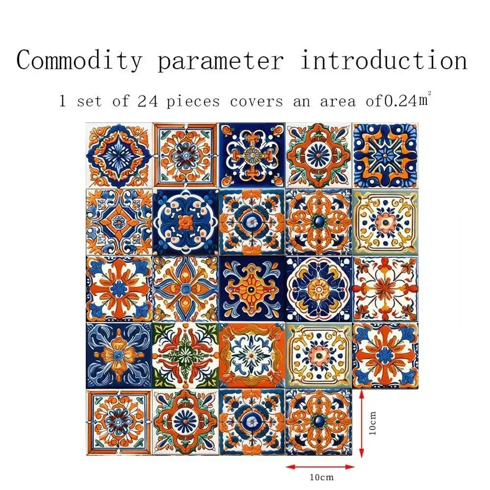 24pcs Morocco Style Colorful Retro Tiles Wall Sticker Kitchen Bathroom Tile Waist Line Wallpaper PVC Waterproof Art Mural