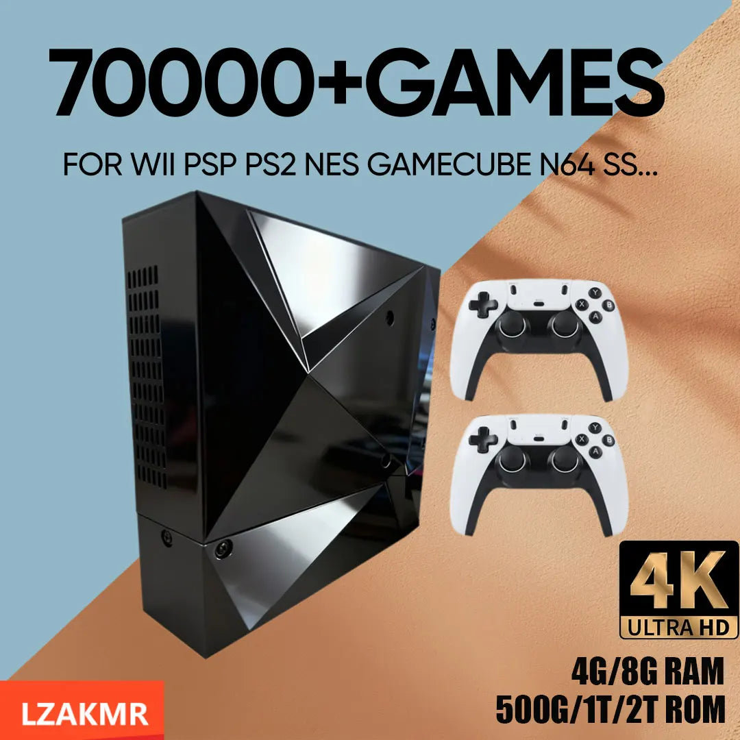 Máy chơi game đen bóng kèm hai tay cầm trắng, chữ "70000+ Games", nền xanh và cam.