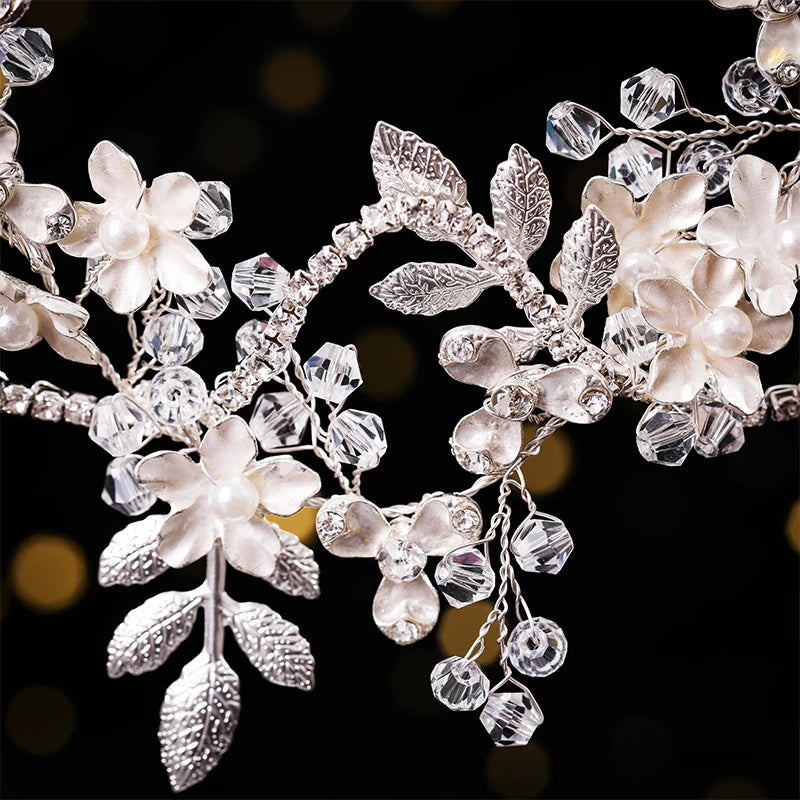 Băng Tóc Cưới Ngọc Trai Pha Lê Hoa Lá Nữ Tính