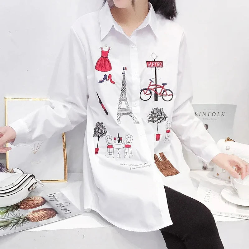 Áo Sơ Mi Thêu Cotton Tay Dài Nữ Công Sở Thu 5083