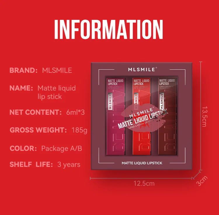 3-Color Matte Lipstick Set - Long-lasting, Smudge-proof, Waterproof