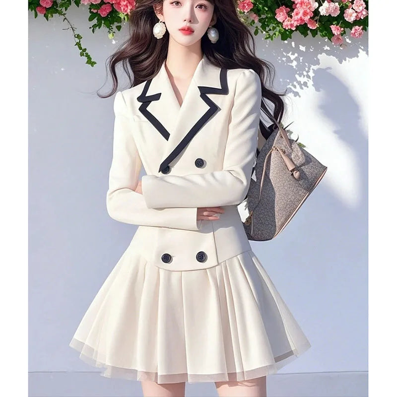 Office Blazer Dress Women Elegant Preppy Style Pleated Blazer Short Dress Fashion double-breasted Lapel Party Evening Dress Y2K - Daisan Mart