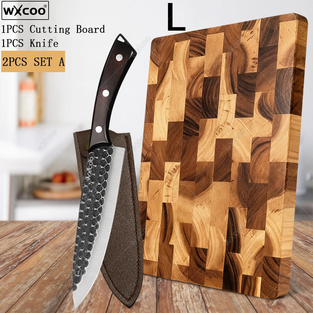 Multi-purpose Acacia Wood Cutting Board &amp; Stainless Steel Knives and Cutlery Set for Kitchen