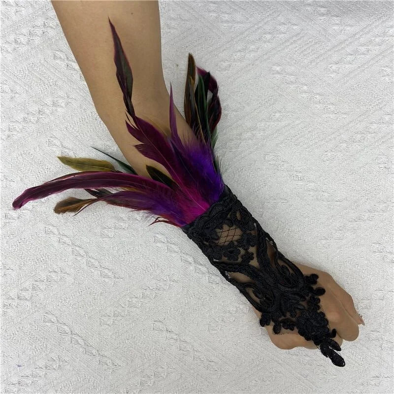 Mesh Gloves Women Halloween Lolita Cosplay Y2k Feather Cuffs Fingerless Mittens Lace Black Long Rave Accessories Feather Apparel - Daisan Mart