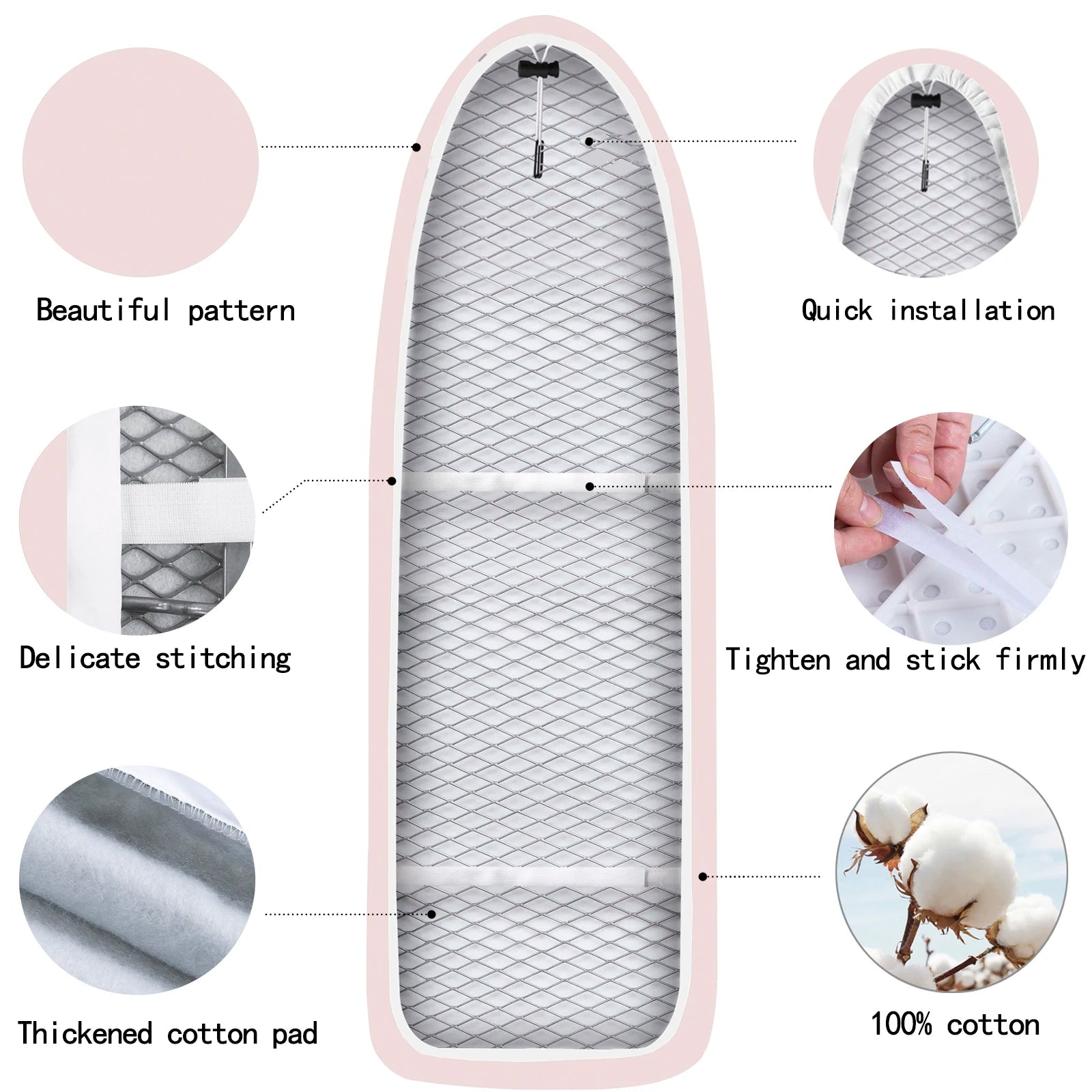 Ironing board cover 140x50cm, cotton cover and thick felt liner, easy to fit, resistant to burning, Morandi color