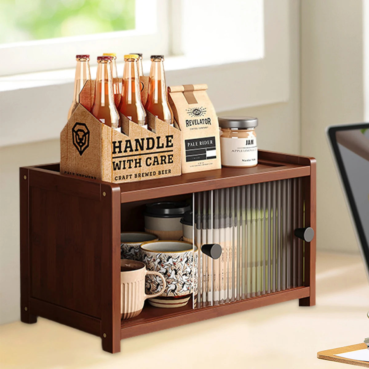 Bamboo Kitchen Cabinet 1/2/3 Layers Acrylic Door, Spice &amp; Bowl Storage