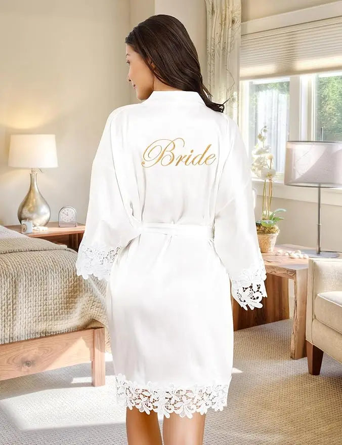 Áo choàng cô dâu lụa ren kèm đai Bride thêu sang trọng