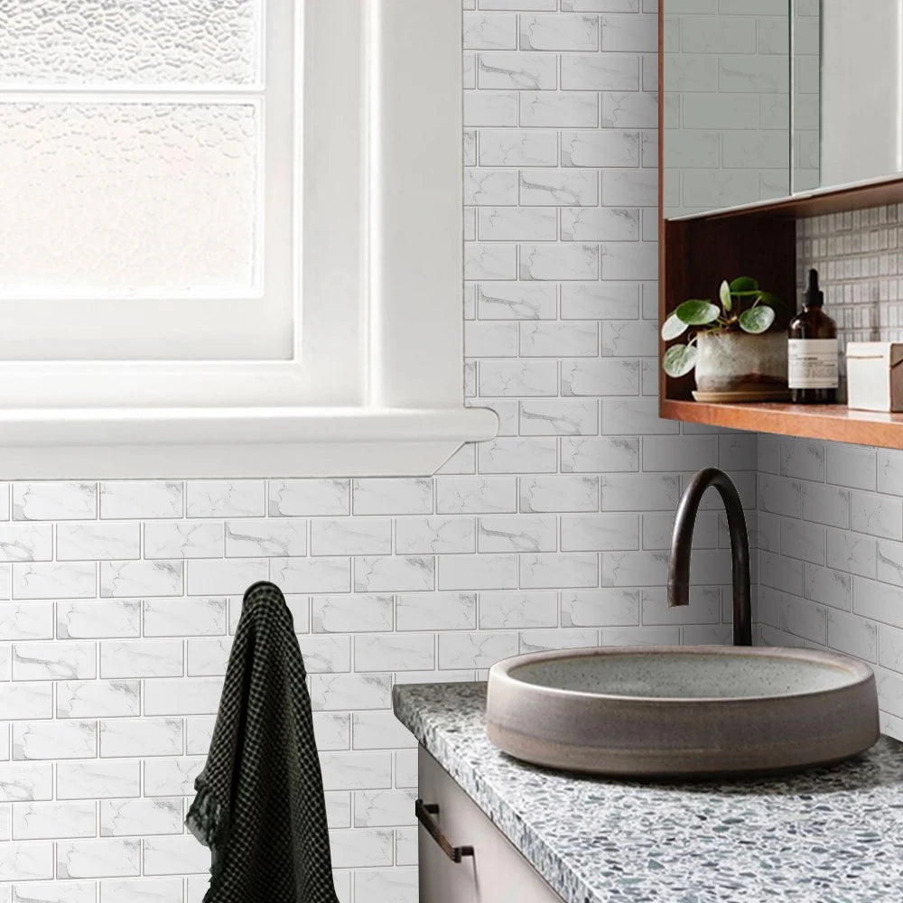 Waterproof Self Adhesive Removable 3D DIY Modern Grayish White Marble Tile Wall Sticker Bathroom Kitchen Cupboard Home Decor