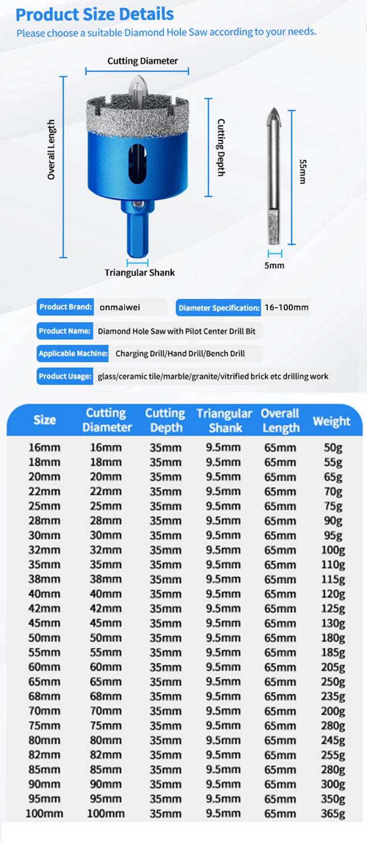 1pcs 18-110MM Diamond Coated Drill Bits Set Ceramic Glass Hole Saw with position drill for Glass Marble Granite Stone Porcelain