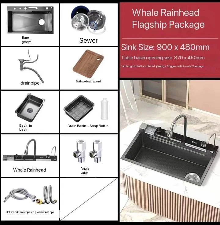 304 Stainless Steel Waterfall Kitchen Sink Large Single Slot Integrated Digital Display Faucet Set Soap Dispenser Cup Washer - Daisan Mart