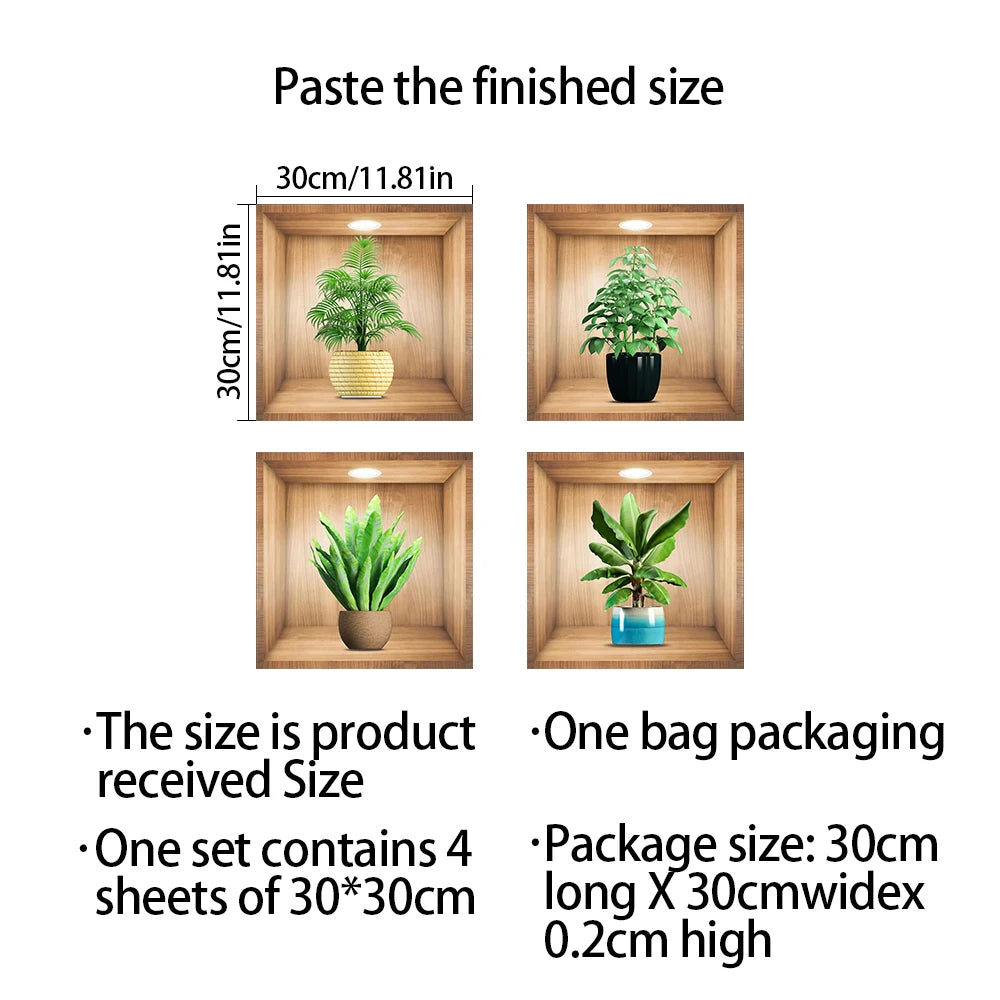 4pcs/set Simulated Plant Potted Plants Cabinet Decoration Wall Stickers Peel &amp; Stick Waterproof PVC Frameless Wall Art Mural