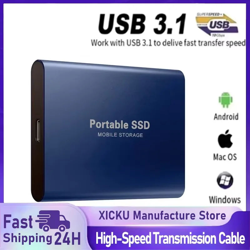 Ổ cứng SSD di động màu xanh, hỗ trợ USB 3.1, tương thích Android, Mac OS, Windows.