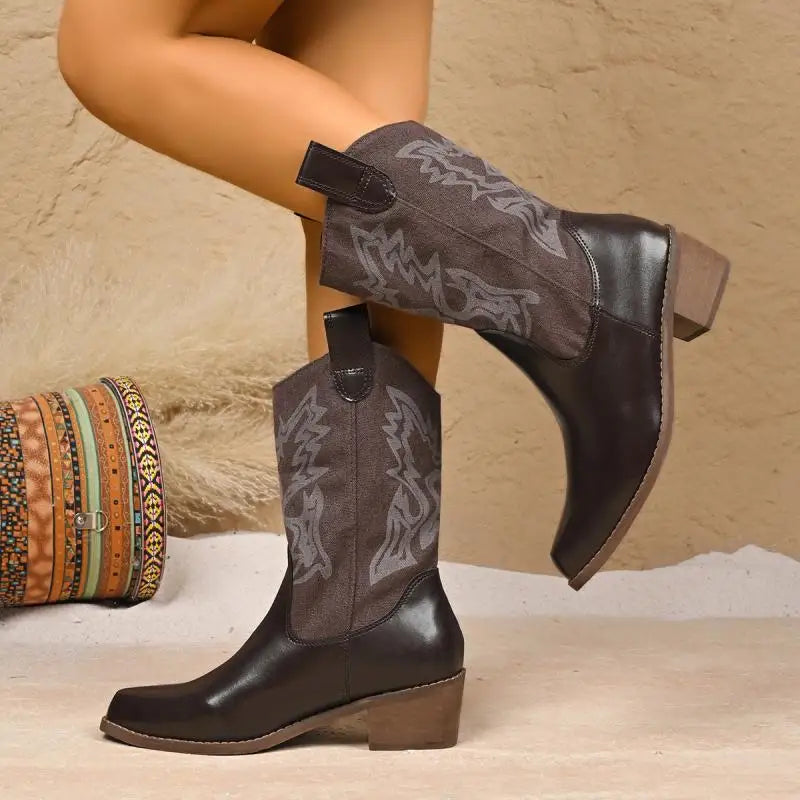 ###Bốt Da Cao Cổ Thêu Nữ 2025 - Phong Cách Viễn Tây