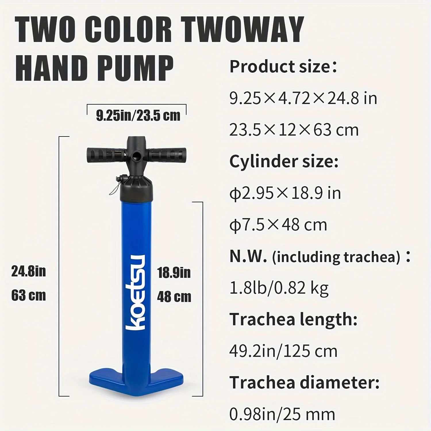 KOETSU Blue Manual Dual-Action Pump, High-Efficiency Inflation, Suitable for Paddleboards, Kayaks & More Watercraft