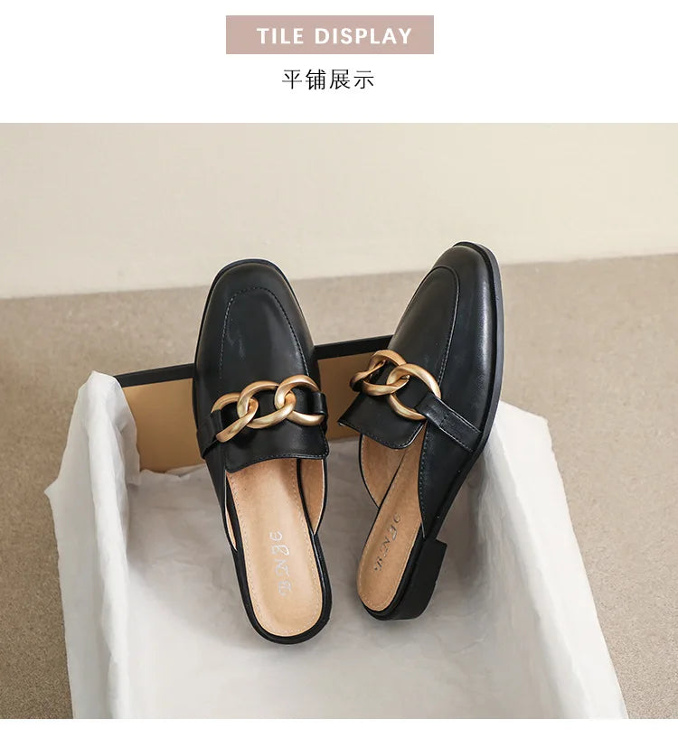 Women's Fashion Mules - Square Toe Black and White Chain