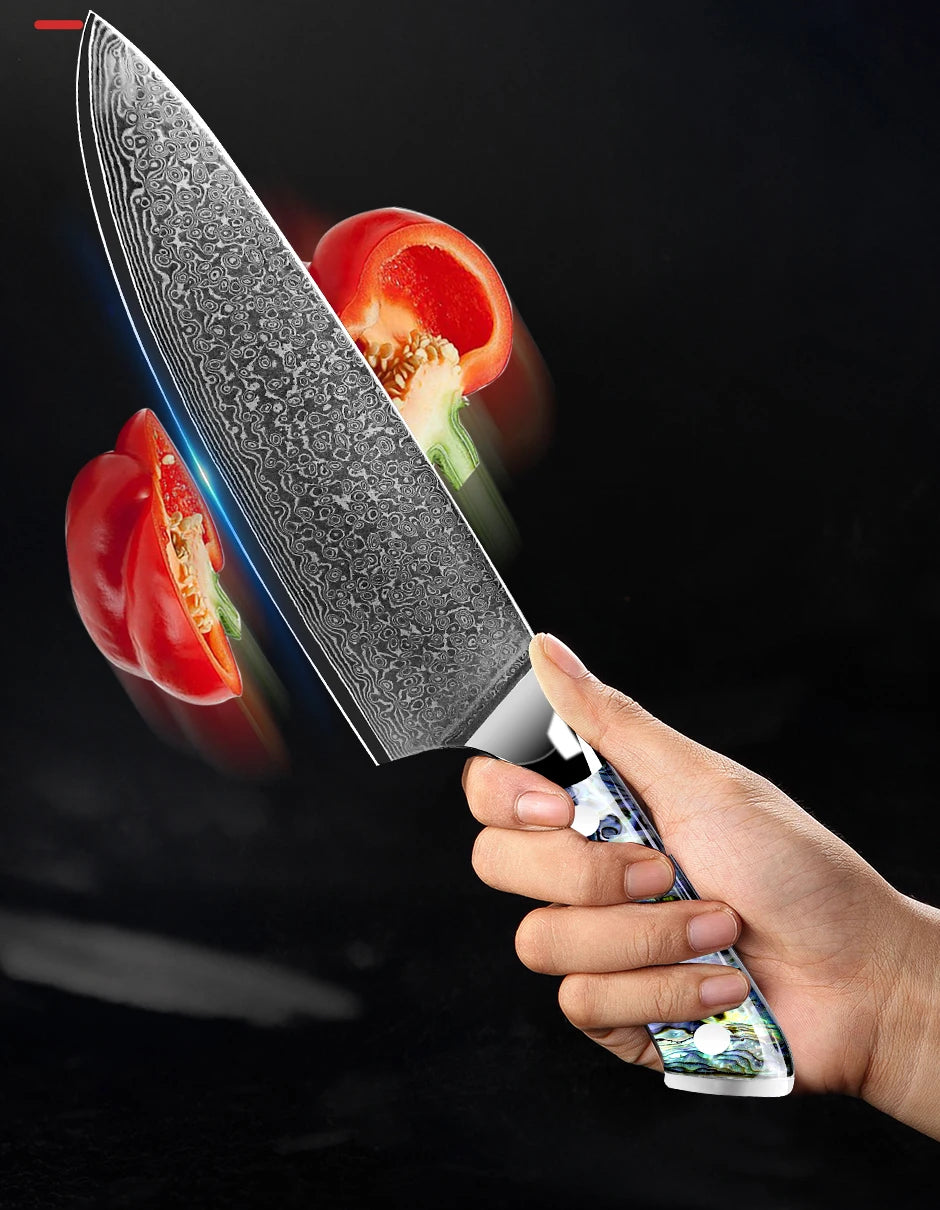 Dao Bếp Damascus VG10 67 Lớp Tay Cầm Vỏ Bào Ngư