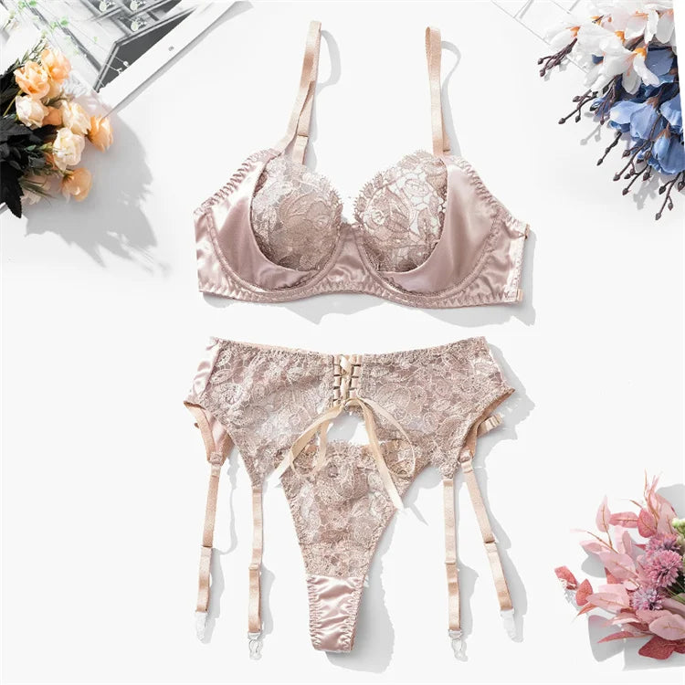 Luxurious Satin Floral Embroidery Lingerie Set 50 Characters