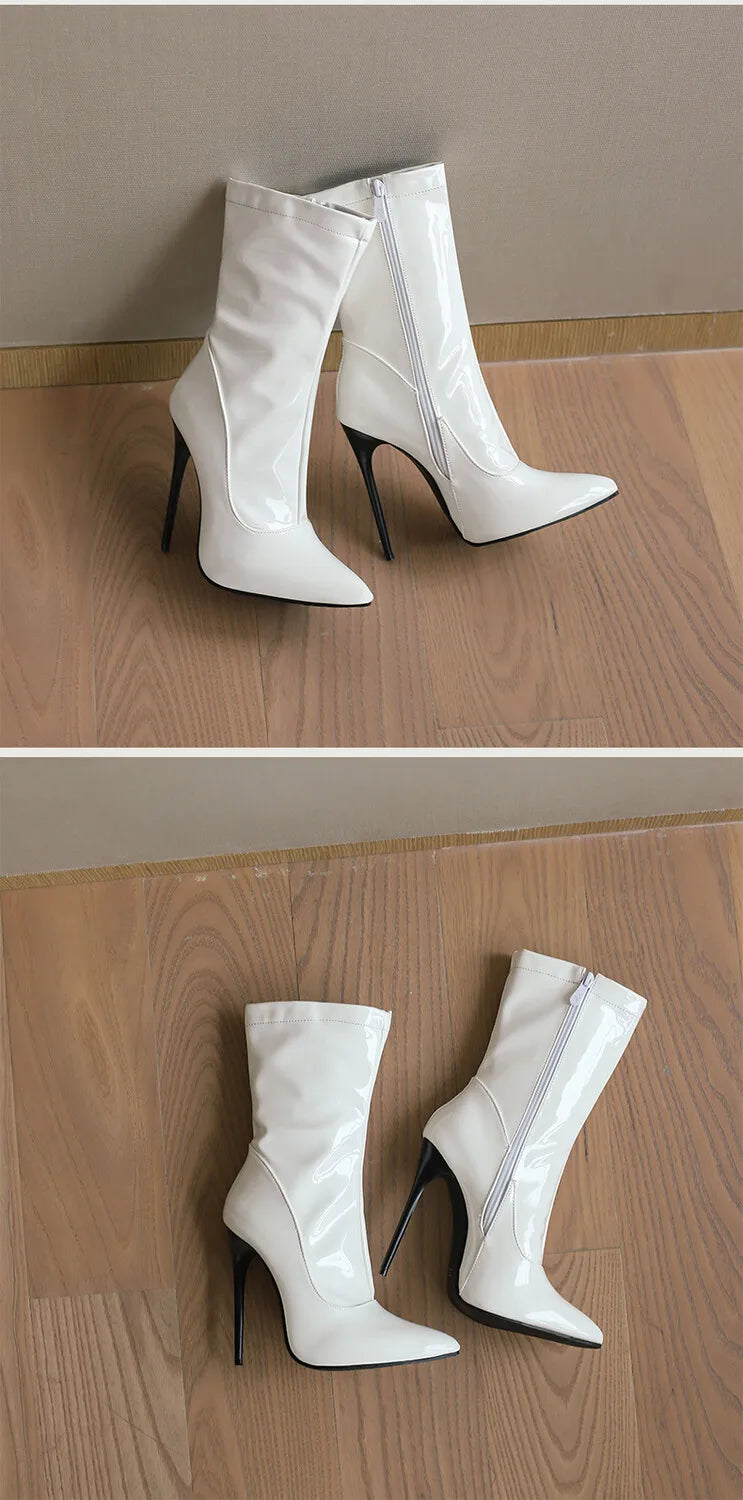 Women's Pointed Toe, Short Cut, Elegant Pointed Heel Patent Leather Boots