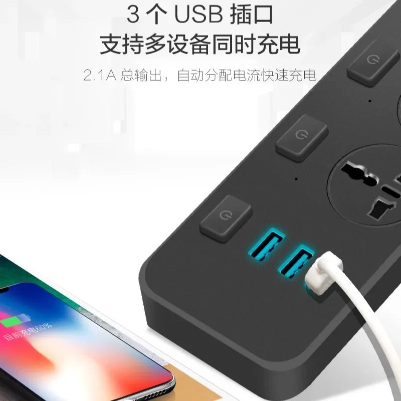 US UK EU Multi-function Power Plug-in Board 2m Extension Cable with USB Power Strip Household High-power Multi-plug Socket