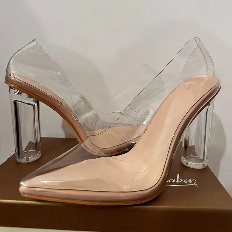 Onlymaker Women Pointed Toe PVC Clear High Heels Pumps Buckle Chunky Transparent Strip Big Size Summer Pumps