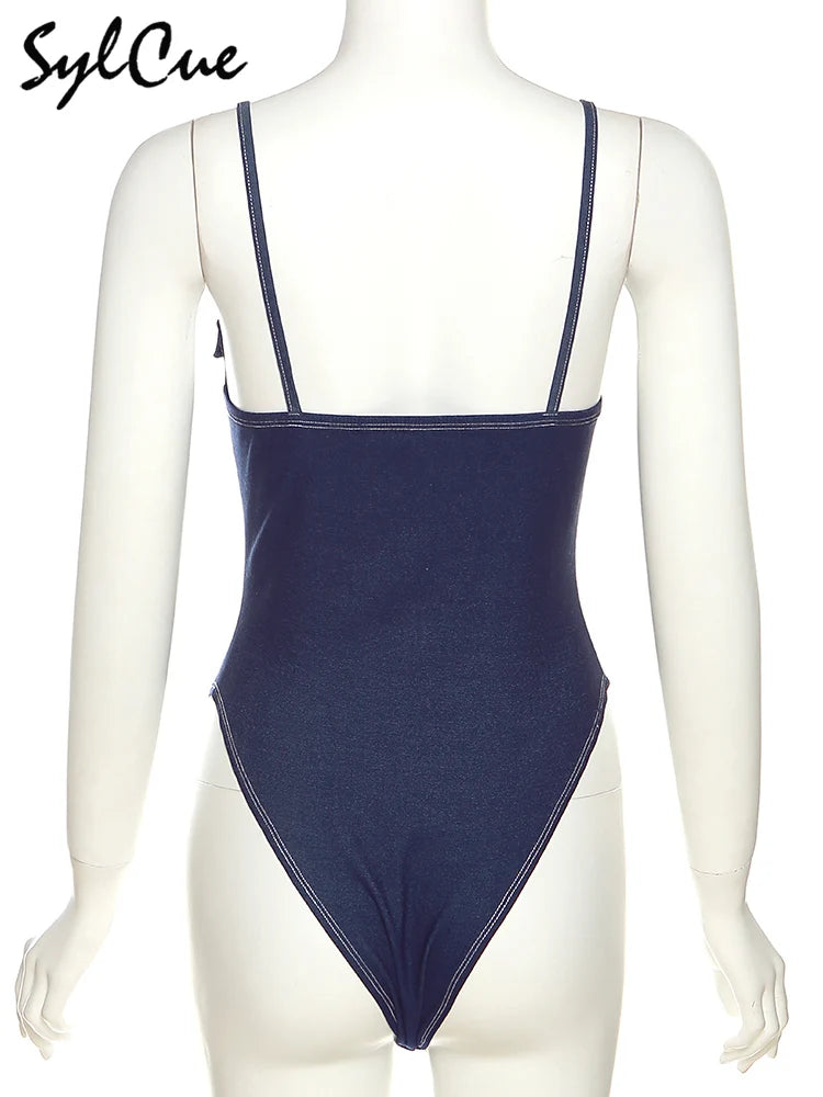 Sylcue 2023 Summer New Classic Retro Cool All-Match High Street Sexy Mature Charm Hot Women'S Zipper Jumpsuit Bodysuit