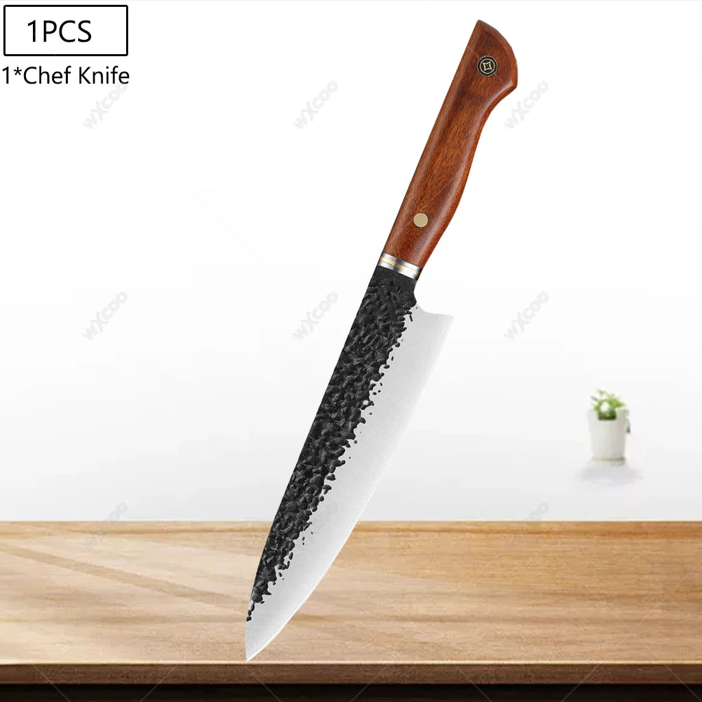 5CR15MOV Steel Chef Knife Set with Wooden Handle Forged Meat Cleaver Japanese Santoku Knife Kitchen Knife Storage Bag - Daisan Mart