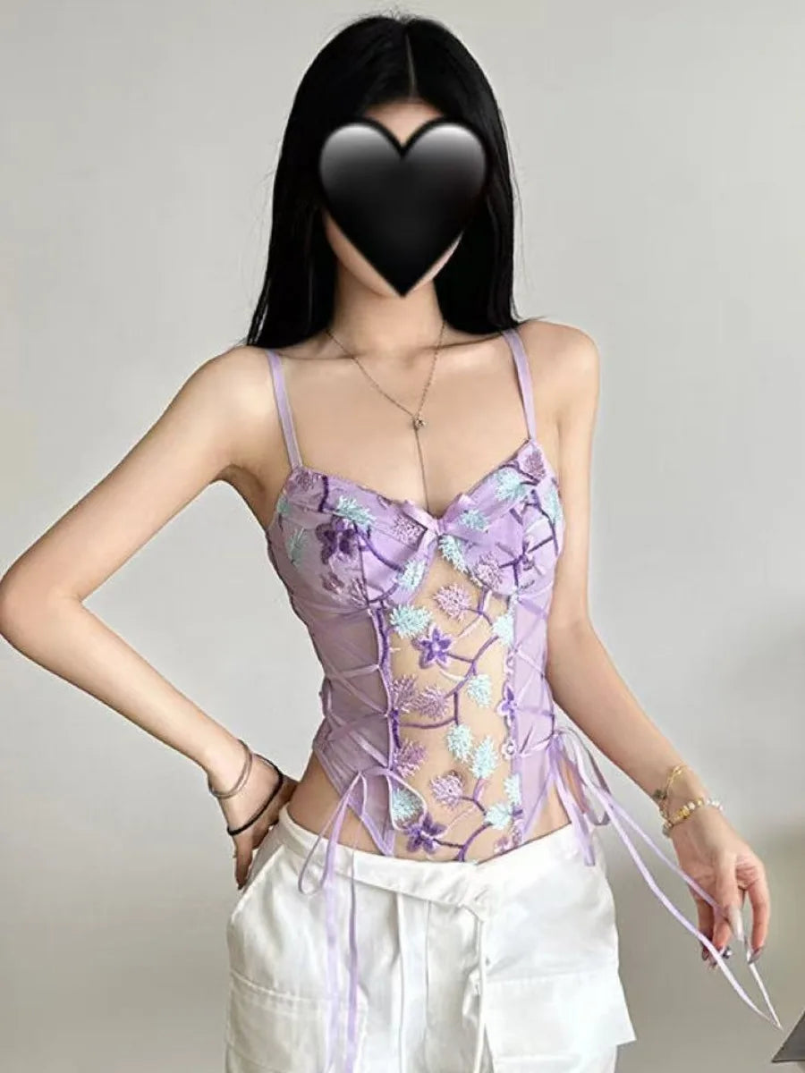 Sexy Butterfly Floral Bodysuit Embroidery See-through Mesh