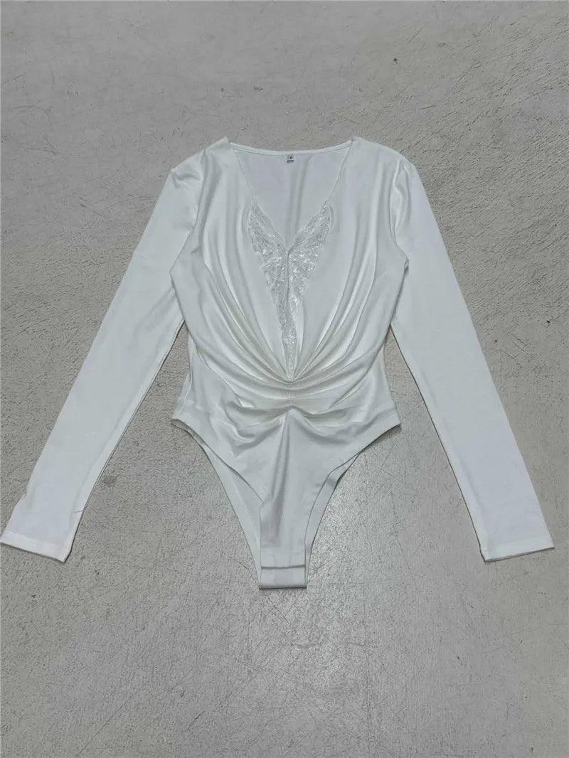 Áo Bodysuit Ren Trắng V Sâu Shestyle 2025 - Daisan Mart