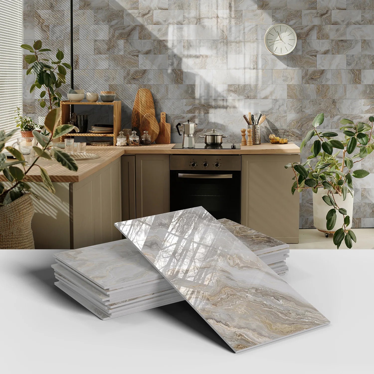 Set of 16 Waterproof Stone Pattern Foam Wall Stickers for Kitchen