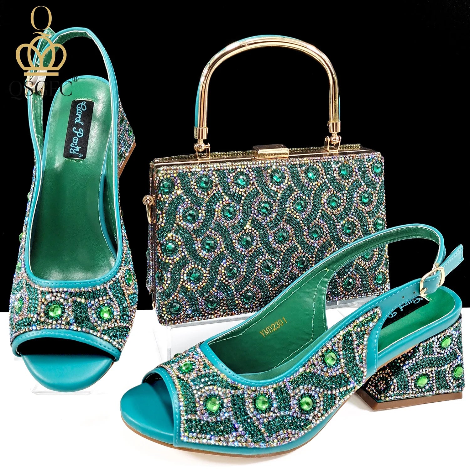 2024 Rhinestone Shoes and Bag Set - Trendy Green