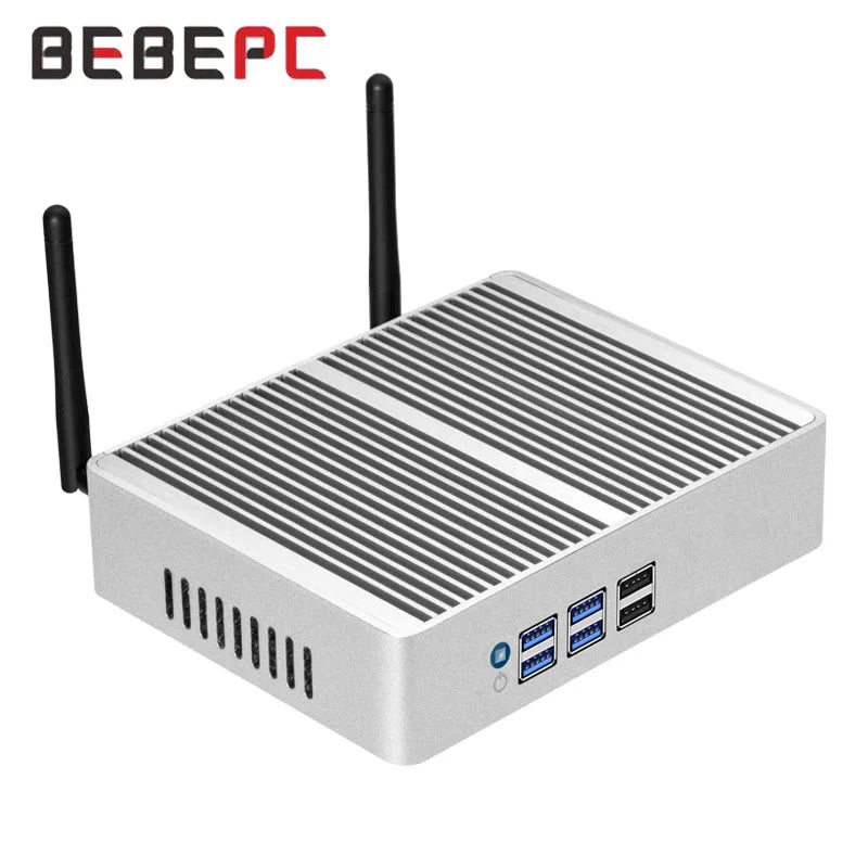 Máy tính mini màu bạc có hai ăng-ten, nhiều cổng USB và khe tản nhiệt.