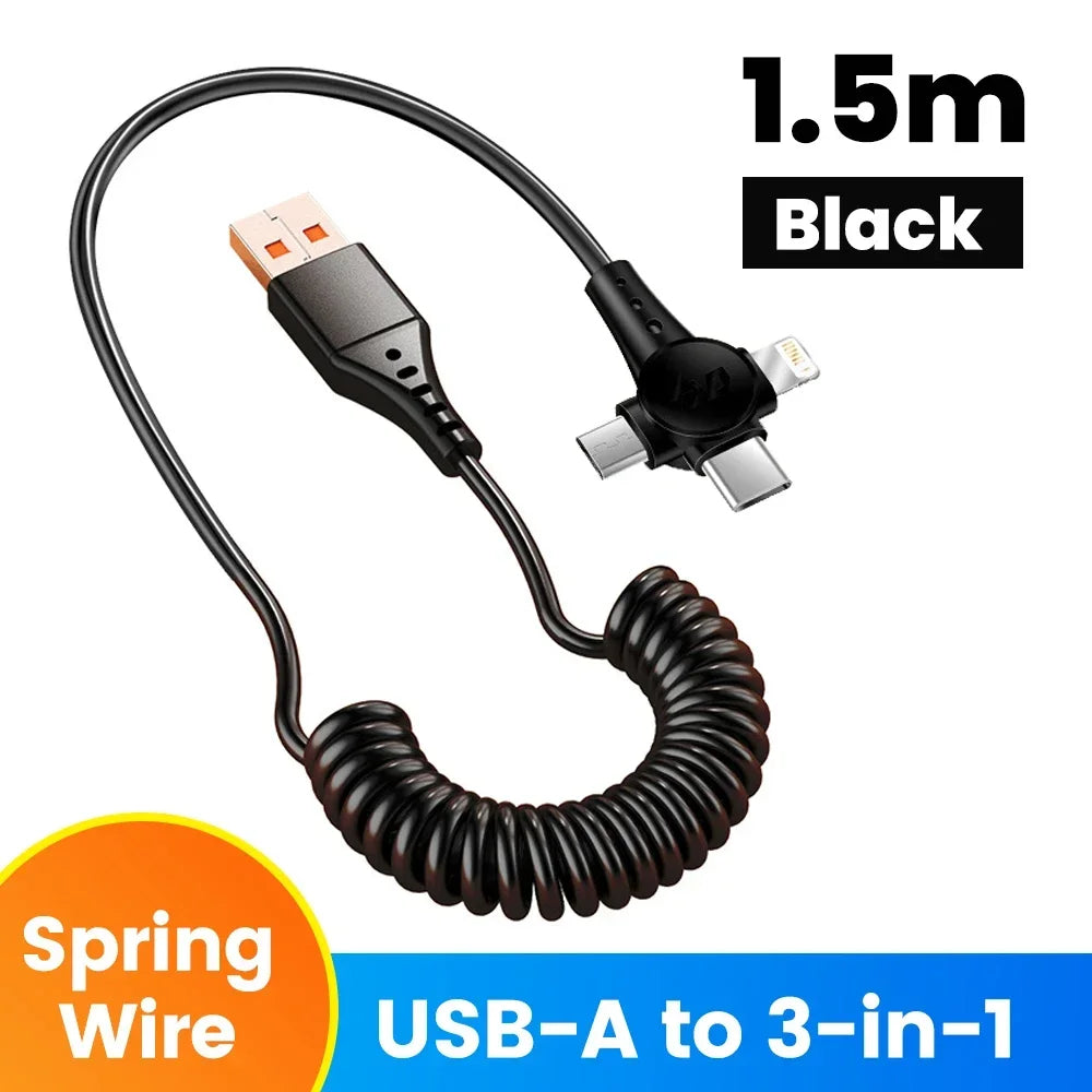 Cáp Sạc Nhanh 3in1 120W Rút Gọn Lò Xo Đa Năng - Daisan Mart