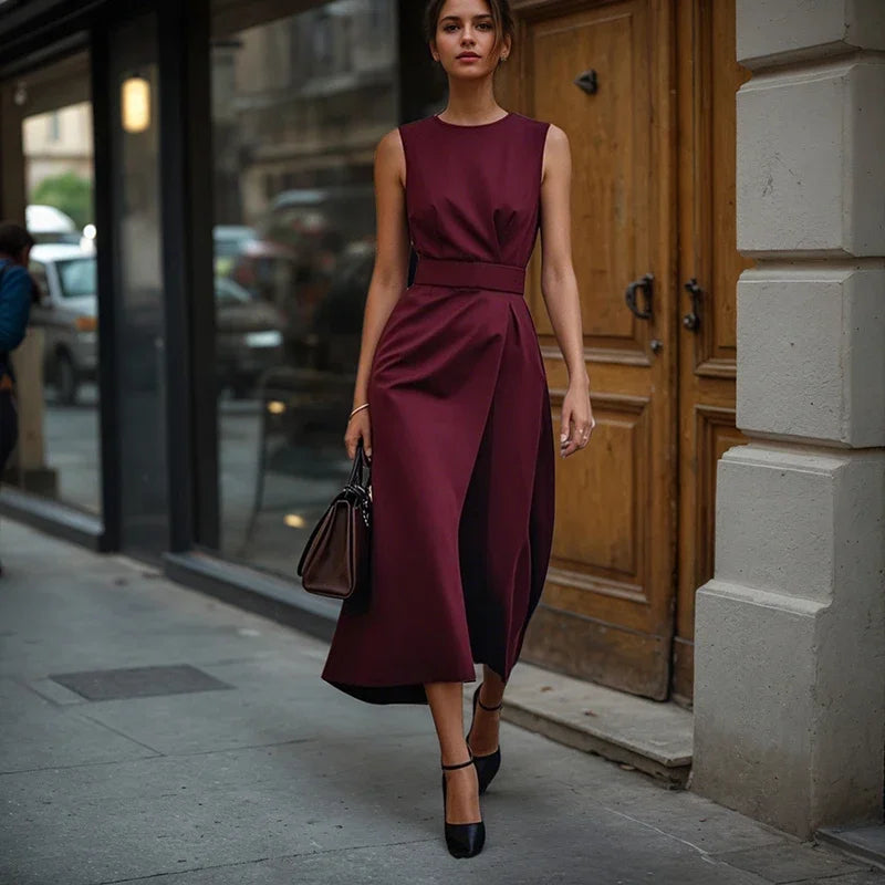 Office Lady Commute Long Dresses High Street Solid Color Round Neck Sleeveless Irregular High Waist A-Line Dresses For Women - Daisan Mart