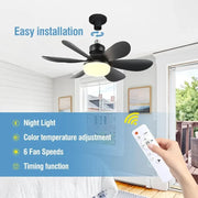 Quạt trần đen, 5 cánh với đèn sáng, điều khiển từ xa, lắp đặt dễ dàng trong phòng ngủ.
