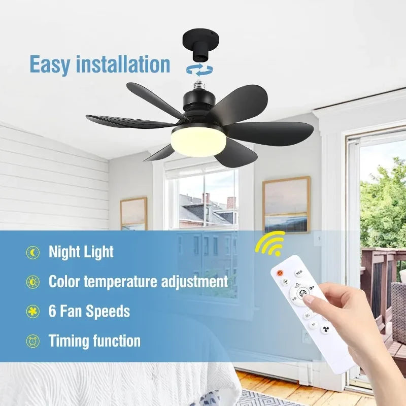 Quạt trần đen, 5 cánh với đèn sáng, điều khiển từ xa, lắp đặt dễ dàng trong phòng ngủ.