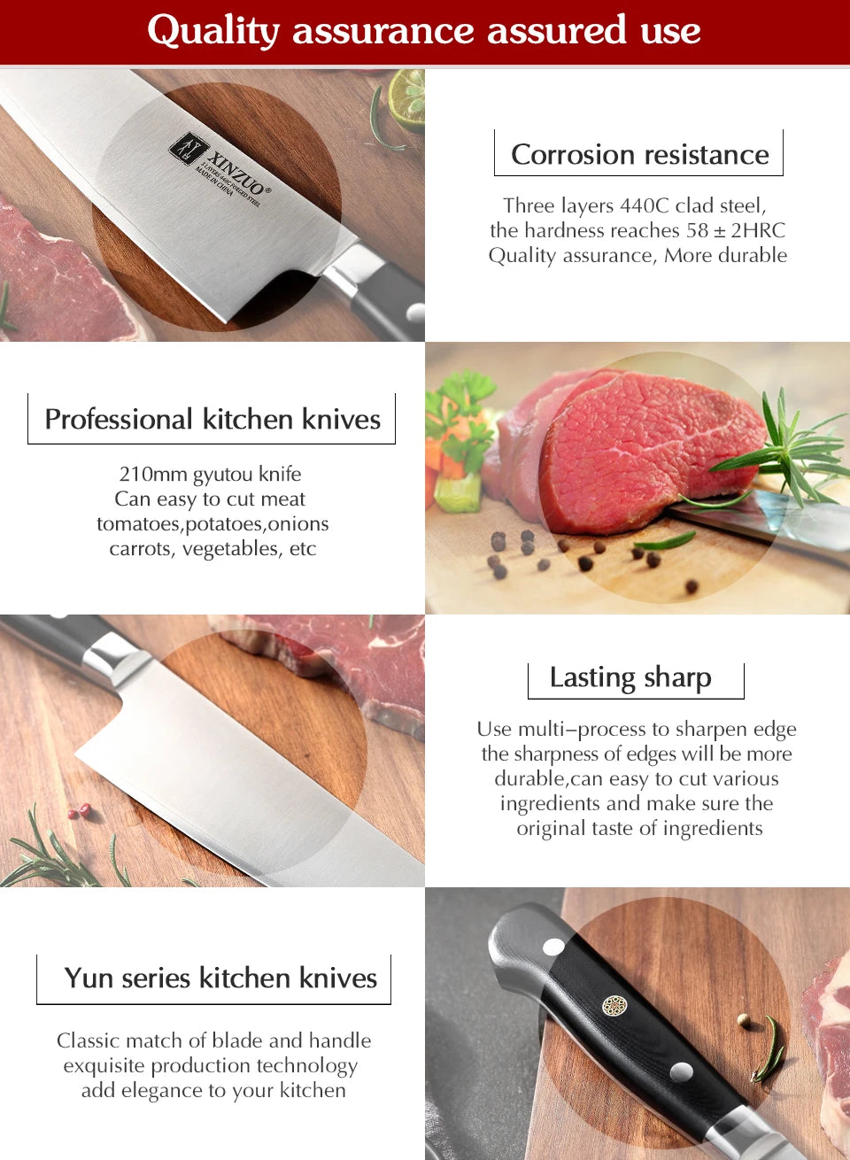 XINZUO 210mm Chef Knife 3 Layer 440C Core Clad Steel Kitchen Knives Stainless Steel Sharp Butchers Gyutou Knife with G10 Handle - Daisan Mart