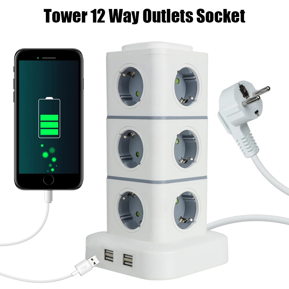 Ổ cắm điện đứng màu trắng với 12 lỗ, cổng USB, và điện thoại đang sạc.