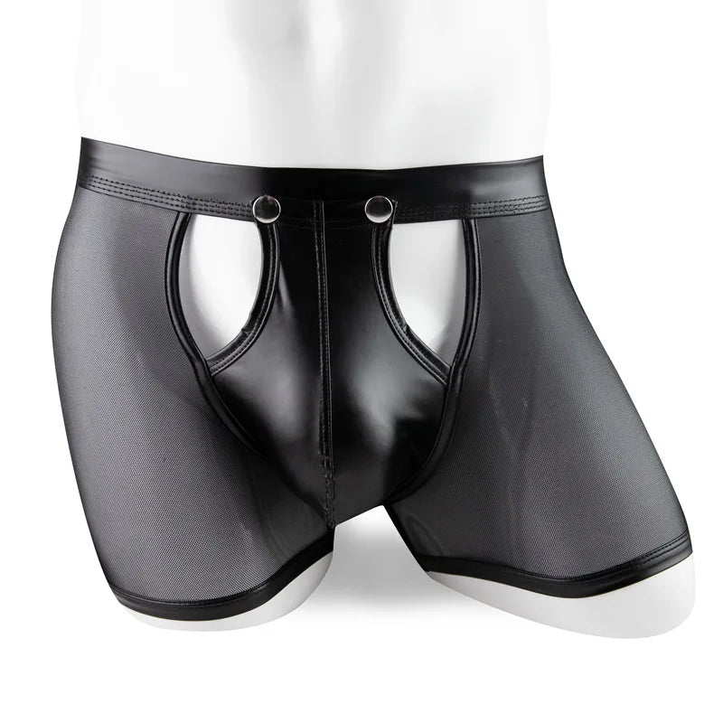 Men's Transparent Mesh Removable Faux Leather Underwear