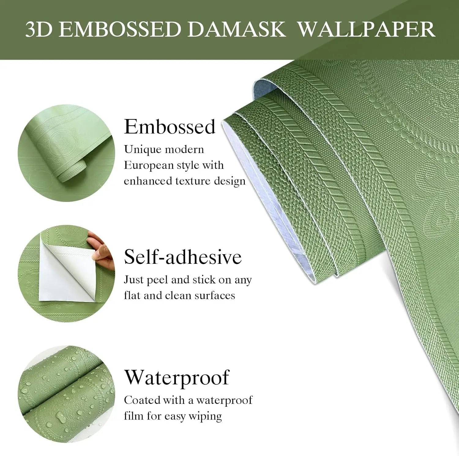 3D Green Embossed Peel and Stick Wallpaper Damask Textured Self Adhesive Wallpaper Modern Floral  Contact Paper for Living Room